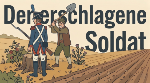 Illustration vom Soldaten der auf einem Feld von einem Schäfer erschlagen wird