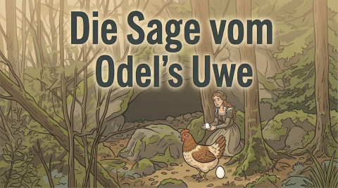 Illustration der Sage vom Odel's Uwe - Burgfrau mit Huhn vor der Höhle